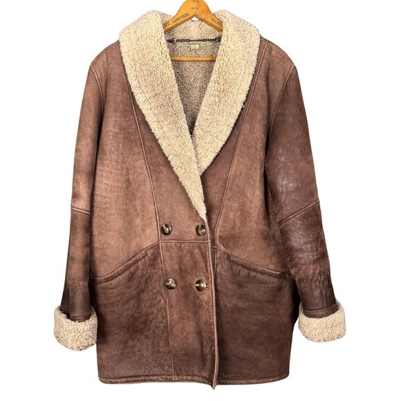 Vintage Brown Sheepskin Coat – 90s Shearling Aviator Jacket Hammer Leather - Picture 1 of 12